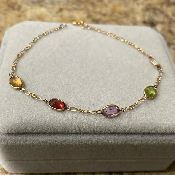 14K Yellow Gold Multi-Color Quartz 5-Stones Figaro Link Bracelet Stamp 14k - Picture 6 of 10